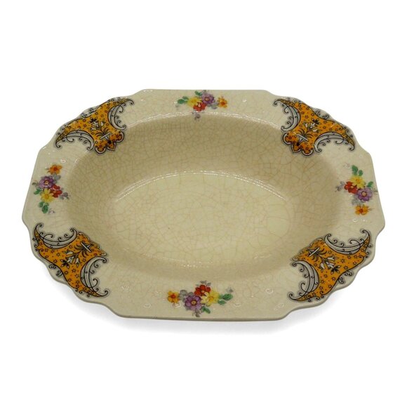 MYOTT SON & Co Floral Oval Bowl Crackle Glaze England Vintage 9" - Picture 3 of 9